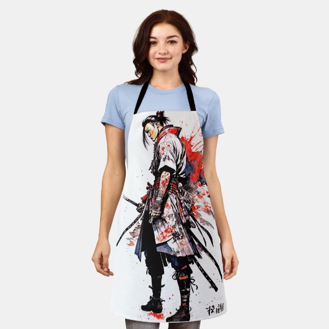 Watercolor Samurai Apron – Warrior Spirit (Worn)