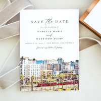 Watercolor San Diego Skyline Beach Save the Date