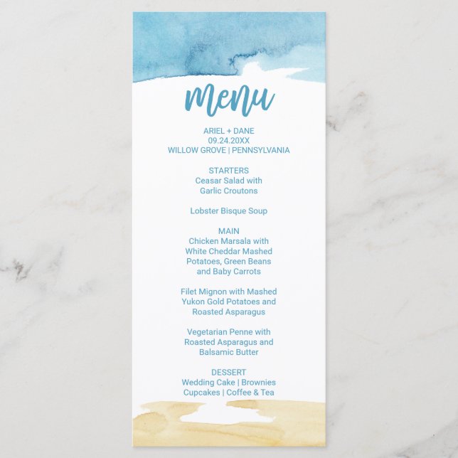 Watercolor Sand and Sea Dinner Menu Card (Front)