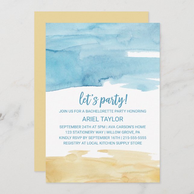 Watercolor Sand and Sea Let's Party Invitation (Front/Back)