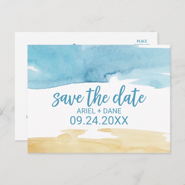 Watercolor Sand and Sea Save the Date Announcement Postcard (Front/Back)