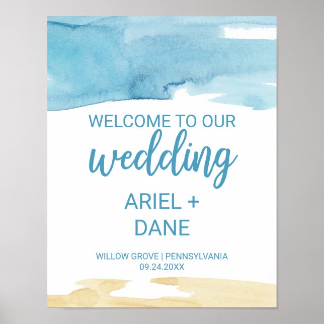 Watercolor Sand and Sea Wedding Welcome Poster (Front)