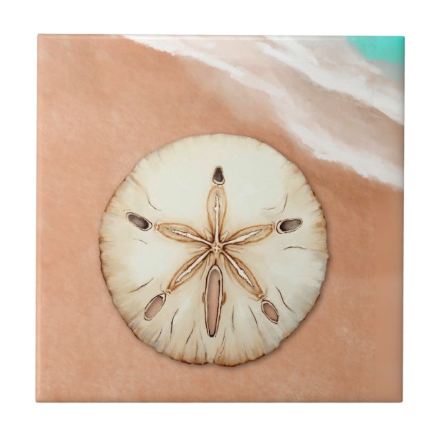 Watercolor Sand Dollar on the Beach Ceramic Tile (Front)