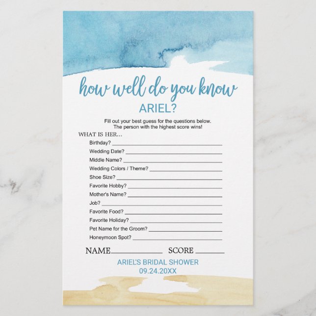 Watercolor Sand & Sea "What's In Your Purse" Game (Front)