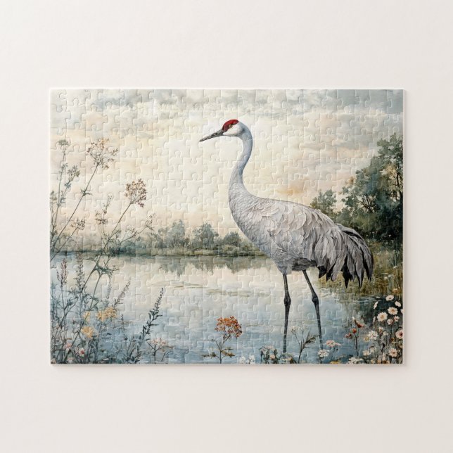 Watercolor Sandhill Crane on a Pond Jigsaw Puzzle (Horizontal)