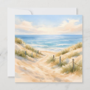 Watercolor Sandy Beach and Ocean Illustration Card