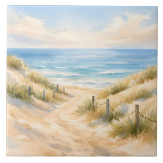 Watercolor Sandy Beach and Ocean Illustration Ceramic Tile