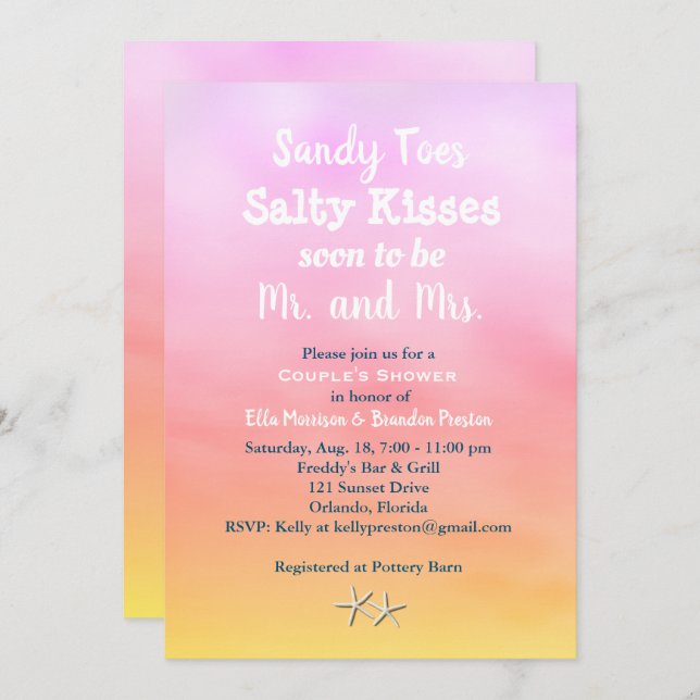 Watercolor Sandy Toes Couple's Shower sunset Invitation (Front/Back)