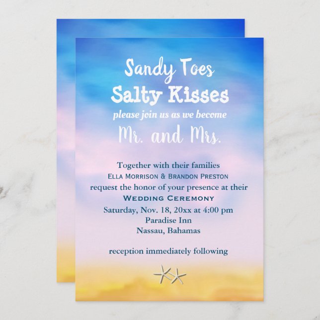 Watercolor Sandy Toes Wedding Invite sunset & sand (Front/Back)