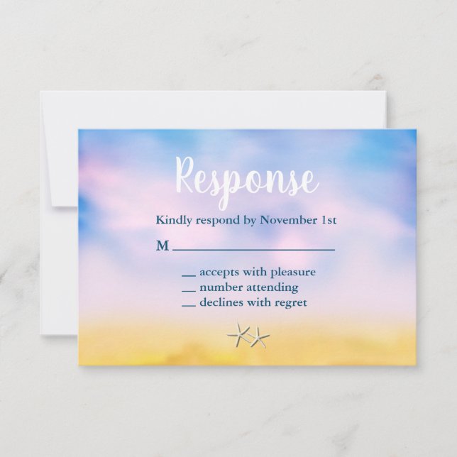 Watercolor Sandy Toes Wedding RSVP - sunset & sand Card (Front)