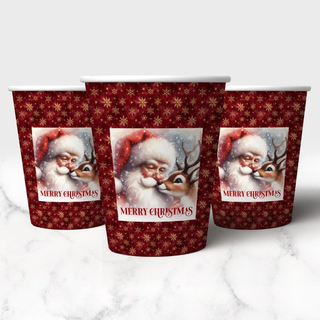 Watercolor Santa and Rudolph Classic Christmas   Paper Cups (Watercolor Santa and Rudolph Classic Christmas Party Cups)
