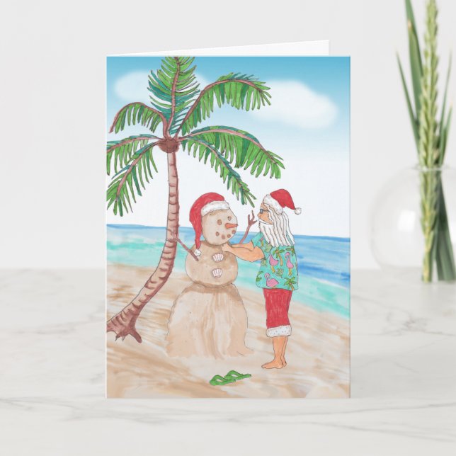 Watercolor Santa and Sandy Snowman Christmas Card (Front)