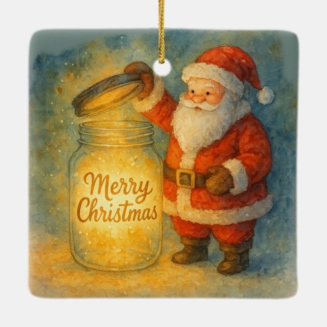 Watercolor Santa Christmas Glowing Jar Holiday  Ceramic Ornament (Back)