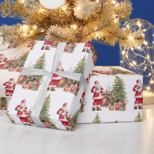Watercolor Santa Claus and Christmas Tree Wrapping Paper