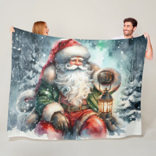 Watercolor Santa Claus Christmas Snow Forest Fleece Blanket
