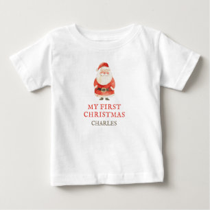 Watercolor Santa Claus My First Christmas& Name Baby T-Shirt