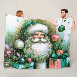 Watercolor Santa Claus Pink Green Gifts Fleece Blanket