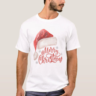 Watercolor Santa Hat "Merry Christmas" Design T-Shirt