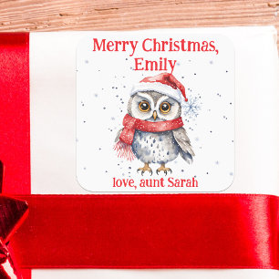 Watercolor Santa Hat Owl Christmas Gift Square Sticker
