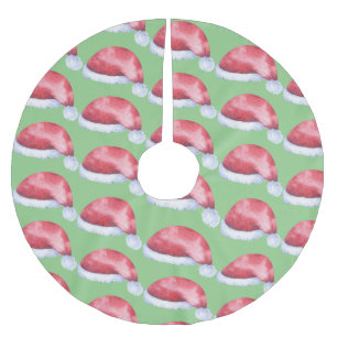 Watercolor Santa Hat Pattern Brushed Polyester Tree Skirt