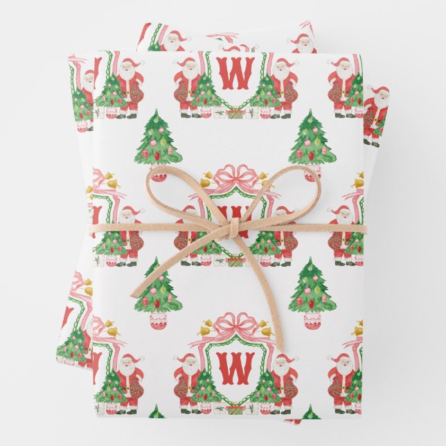 Watercolor Santa Monogram Crest Christmas Wrapping Paper Sheet (In situ)