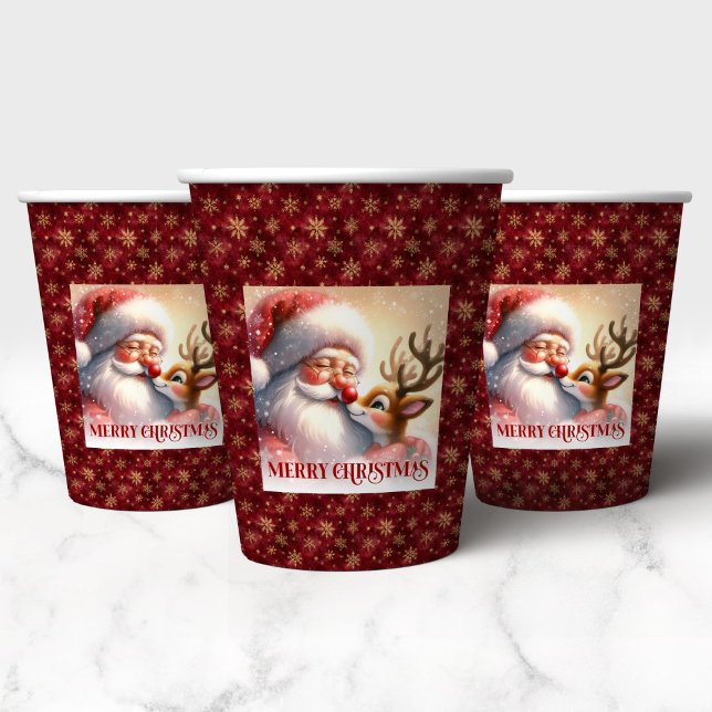 Watercolor Santa Rudolph Holiday Paper Drink Cup (Watercolor Santa Rudolph Holiday Paper Drink Cup)