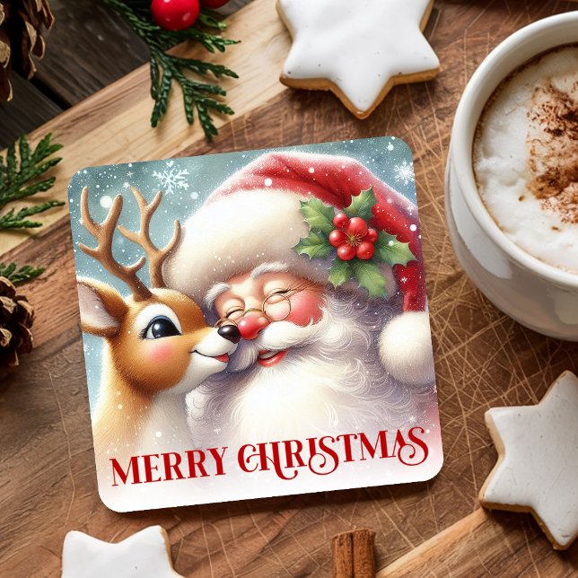 Watercolor Santa Rudolph Merry Christmas Coaster   (Watercolor Santa Rudolph Merry Christmas Coaster Art

)