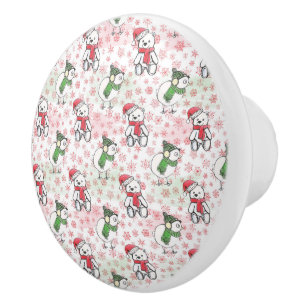 Watercolor santa teddy bear and birdie Christmas Ceramic Knob