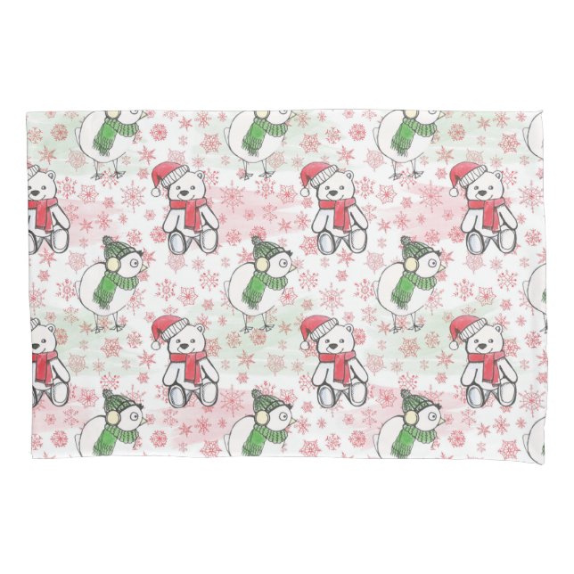Watercolor santa teddy bear and birdie Christmas Pillowcase (Front)