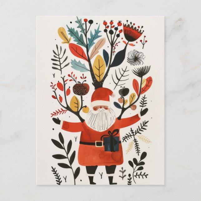 Watercolor Santa with Colourful Flowers Xmas Postcard (Front)