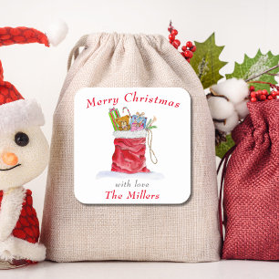 Watercolor Santa's Gift Bag Christmas  Square Sticker