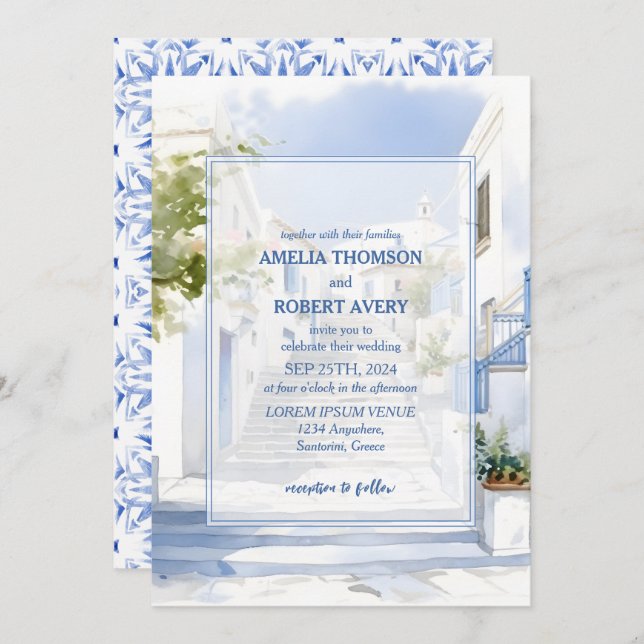 Watercolor Santorini Destination Greece Wedding Invitation (Front/Back)
