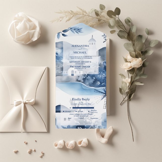 Watercolor Santorini Destination Wedding  All In One Invitation (Creator Uploaded)