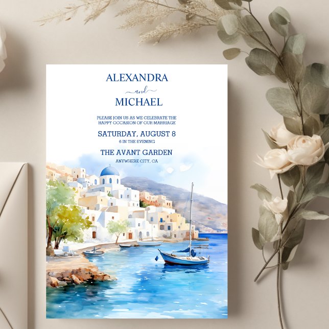 Watercolor Santorini Destination Wedding Invitation (Creator Uploaded)