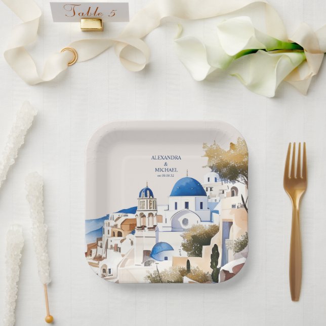 Watercolor Santorini Destination Wedding Paper Plate (Wedding)