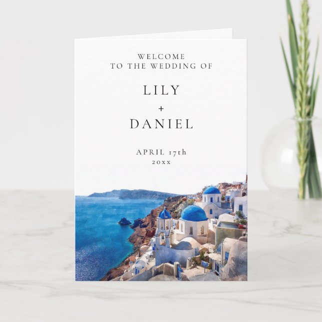 Watercolor Santorini Elegant Wedding Folded Program (Front)