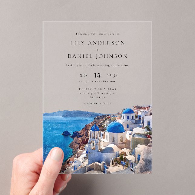 Watercolor Santorini Greece Destination Wedding Acrylic Invitations (Insitu (Handheld))