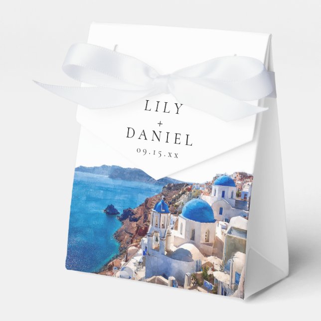 Watercolor Santorini Greece Destination Wedding Favour Box (Front Side)