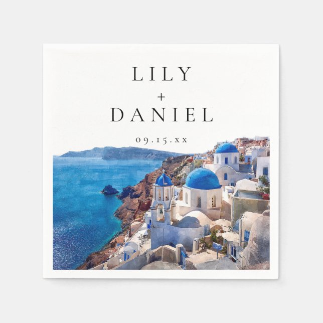 Watercolor Santorini Greece Destination Wedding Napkin (Front)