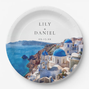 Watercolor Santorini Greece Destination Wedding Paper Plate