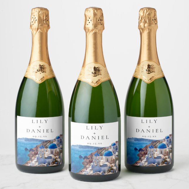 Watercolor Santorini Greece Destination Wedding Sparkling Wine Label (Bottles)