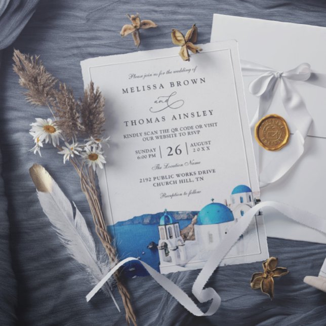 Watercolor Santorini Greece Modern QR Code Wedding Invitation (Creator Uploaded)