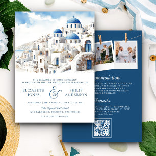 Watercolor Santorini Greece QR Code Wedding Invitation