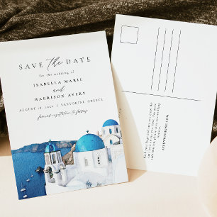 Watercolor Santorini Greece Skyline Save the Date Postcard