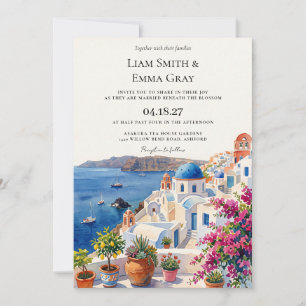 Watercolor Santorini Greece Skyline Wedding Invitation