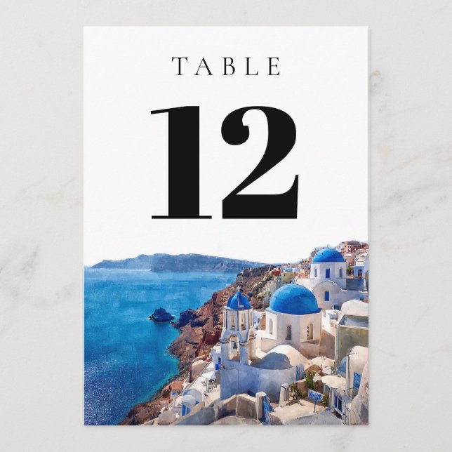 Watercolor Santorini Greece Table Number (Front)