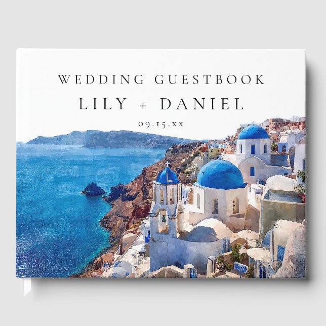 Watercolor Santorini Greece Wedding Photo Guest Book (Front)