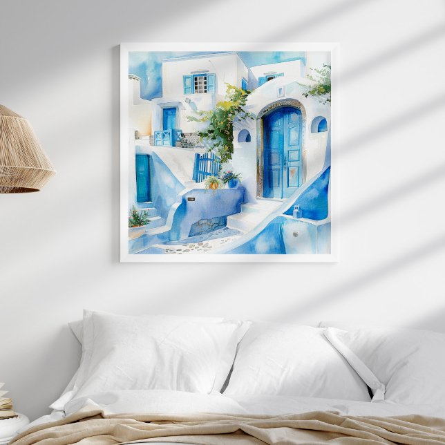 Watercolor Santorini Mediterranean Travel Art Poster (Watercolor Santorini Greek Wall Art in a neutral coastal boho bedroom in a white frame.)