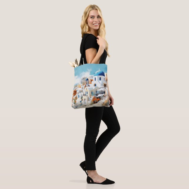 Watercolor Santorini Tote Bag (On Model)