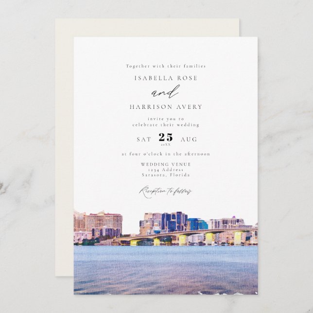 Watercolor Sarasota Florida Skyline Paint Wedding Invitation (Front/Back)